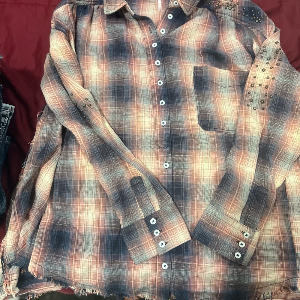 Free People Blue and Orange Casual Button Down Shirt
